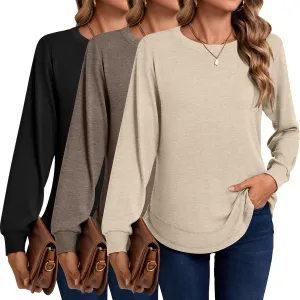 Ficerd 3 Pack Women's Long Sleeve Shirts, Casual Crew Neck Tunic Tops Loose Fit Pullover Curved Hem Shirts 2025 Trendy