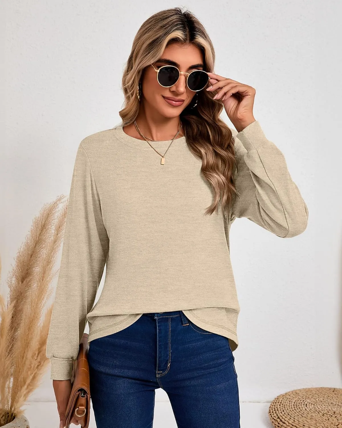 Ficerd 3 Pack Women's Long Sleeve Shirts, Casual Crew Neck Tunic Tops Loose Fit Pullover Curved Hem Shirts 2025 Trendy
