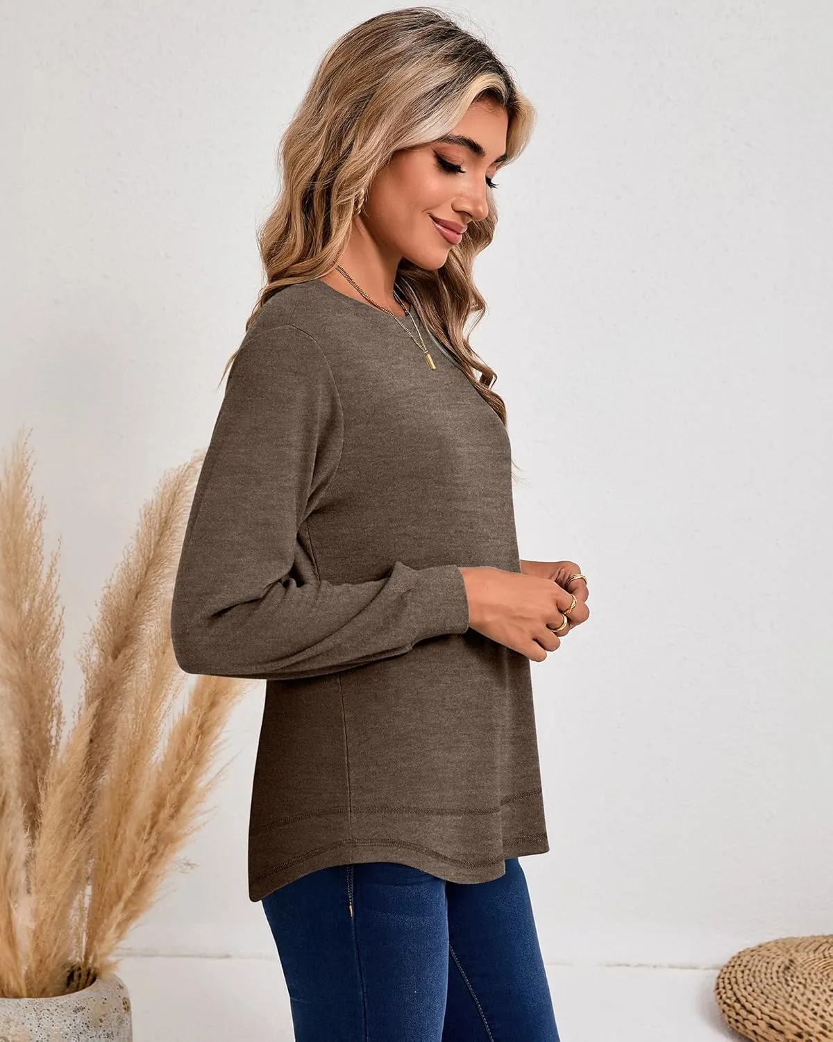 Ficerd 3 Pack Women's Long Sleeve Shirts, Casual Crew Neck Tunic Tops Loose Fit Pullover Curved Hem Shirts 2025 Trendy