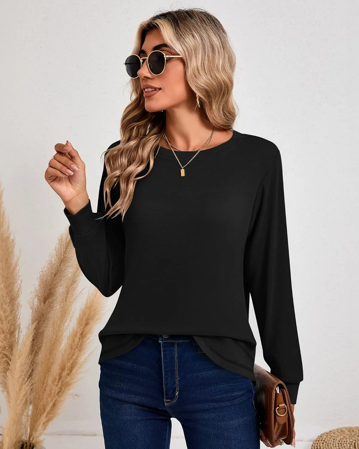 Ficerd 3 Pack Women's Long Sleeve Shirts, Casual Crew Neck Tunic Tops Loose Fit Pullover Curved Hem Shirts 2025 Trendy