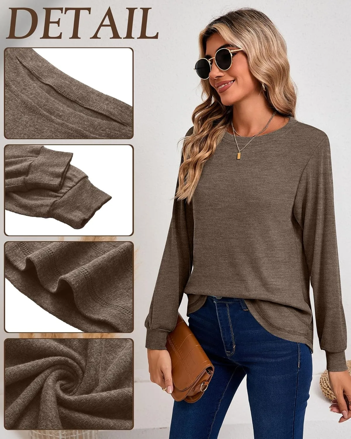 Ficerd 3 Pack Women's Long Sleeve Shirts, Casual Crew Neck Tunic Tops Loose Fit Pullover Curved Hem Shirts 2025 Trendy