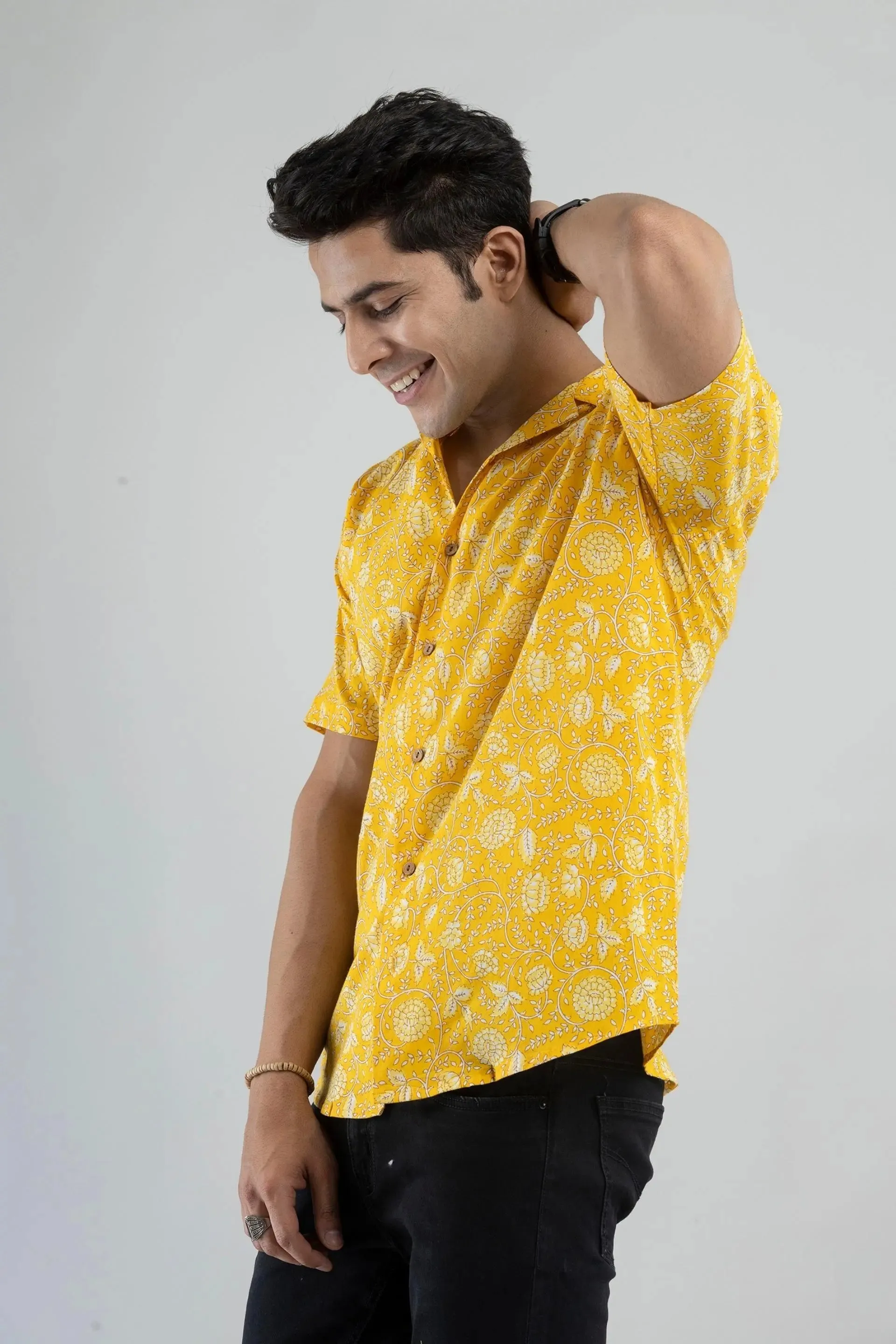 Firangi Yarn 100% Jaipuri Cotton Block-Printed Cuban Collar Shirt-Yellow