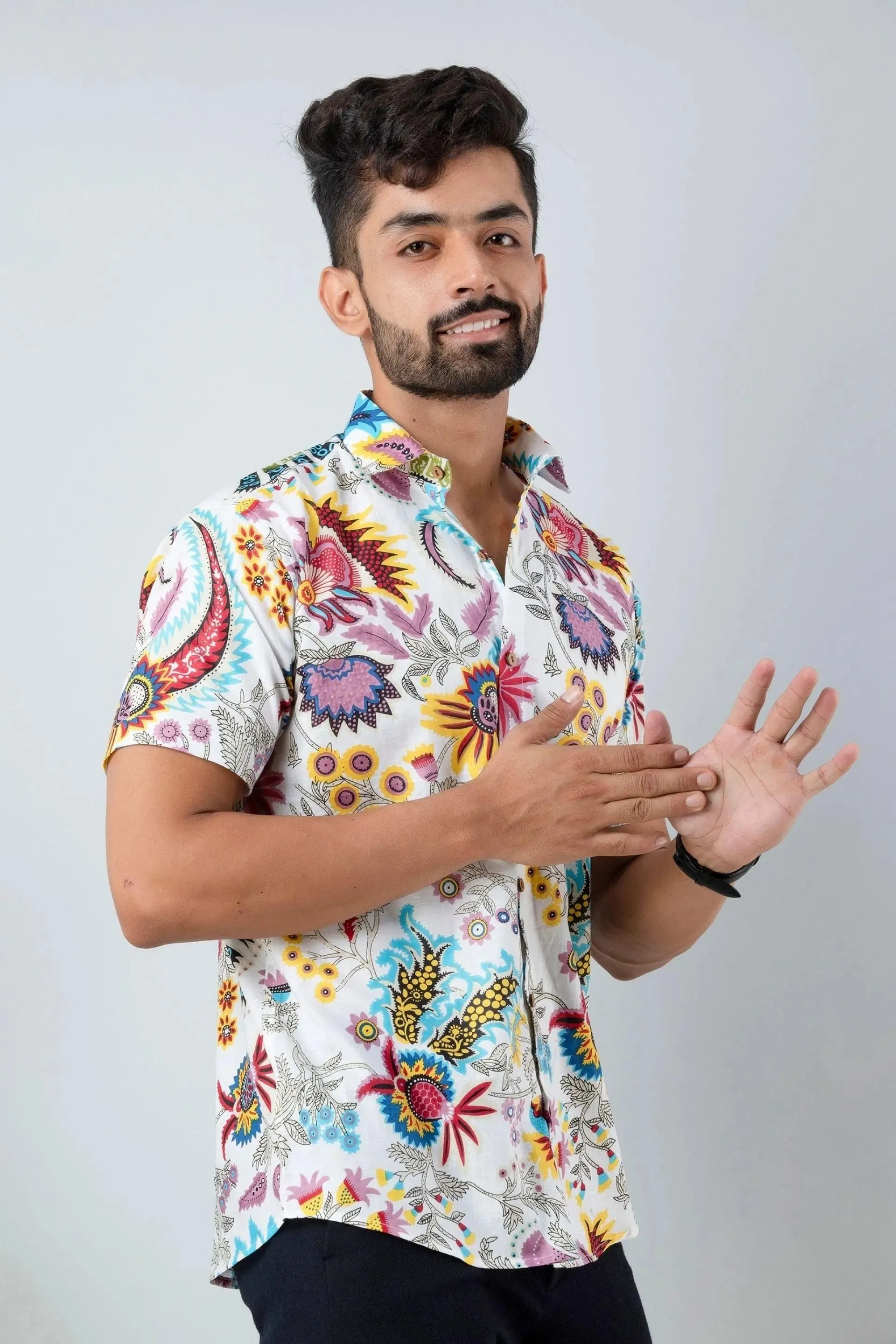 Firangi Yarn Block Printed Cotton White Chintz Art Printed Shirt For Men