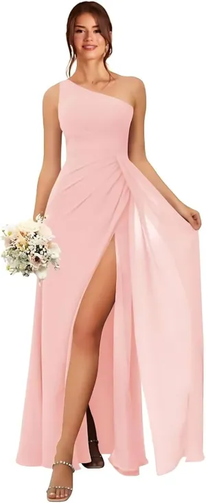 GATMAHE Women's One Shoulder Chiffon Pleated Bridesmaid Dresses Ruched High Slit Formal Dresses A-Line Wedding Guest Gowns