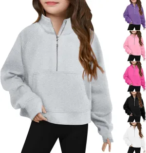 Girls Half Zip Oversized Hoodies Casual Long Sleeve Pullover Shirts with Big Pockets Teen Girls Preppy Clothes