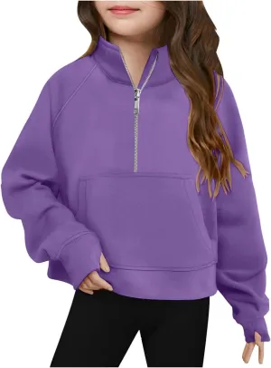 Girls Half Zip Oversized Hoodies Casual Long Sleeve Pullover Shirts with Big Pockets Teen Girls Preppy Clothes