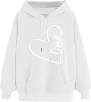 Hoodies for Women Trendy Heart Print Long Sleeve Drawstring Pullover Tops Oversized Casual Sweatshirts with Pocket