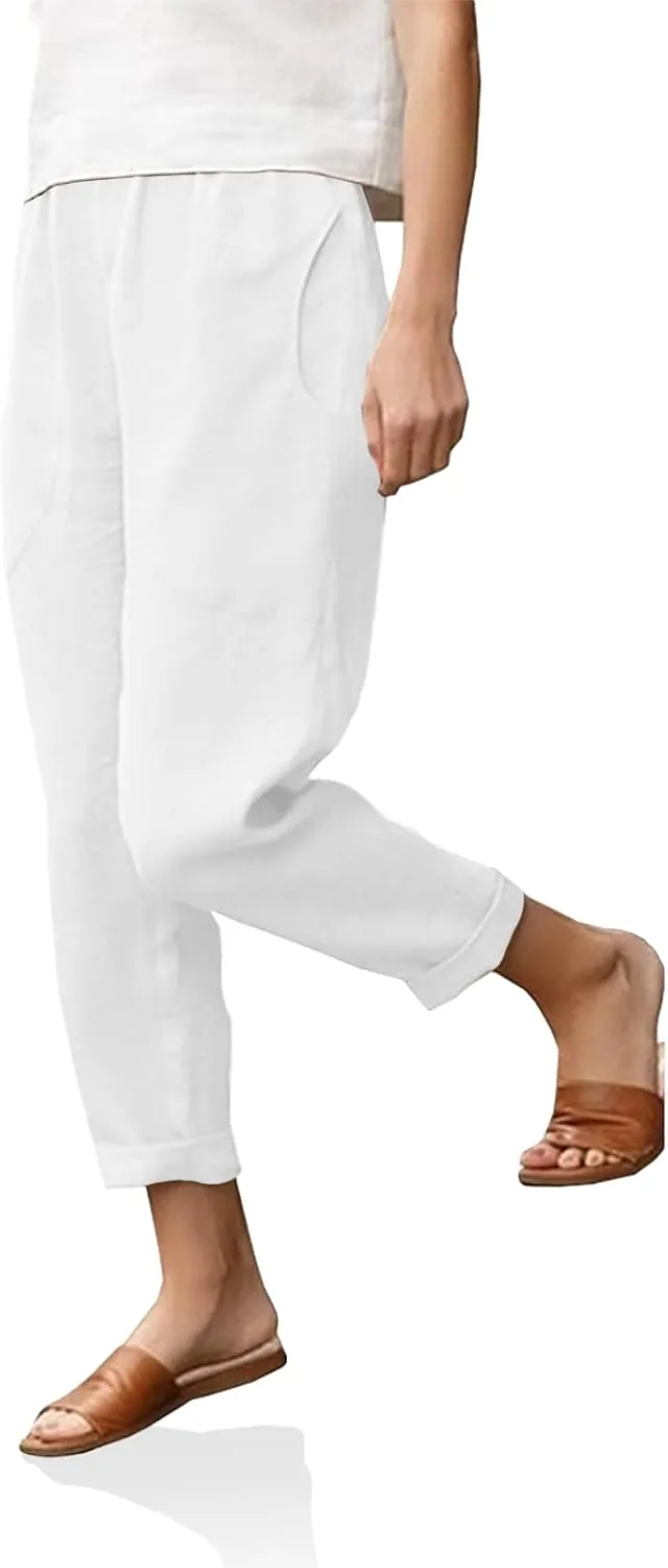 Langwyqu Womens Casual Cotton Tapered Capri Cargo Pants Loose Elastic Waist Ankle Cropped Trouser with Pockets