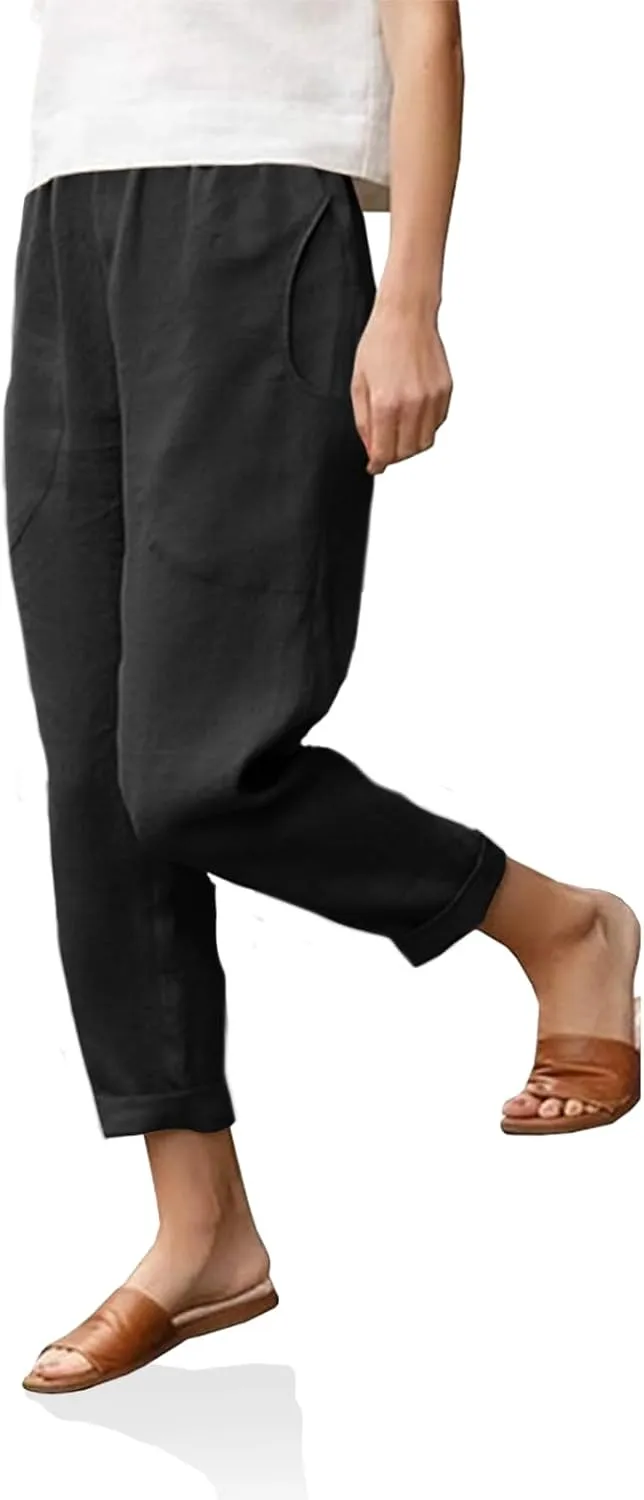 Langwyqu Womens Casual Cotton Tapered Capri Cargo Pants Loose Elastic Waist Ankle Cropped Trouser with Pockets