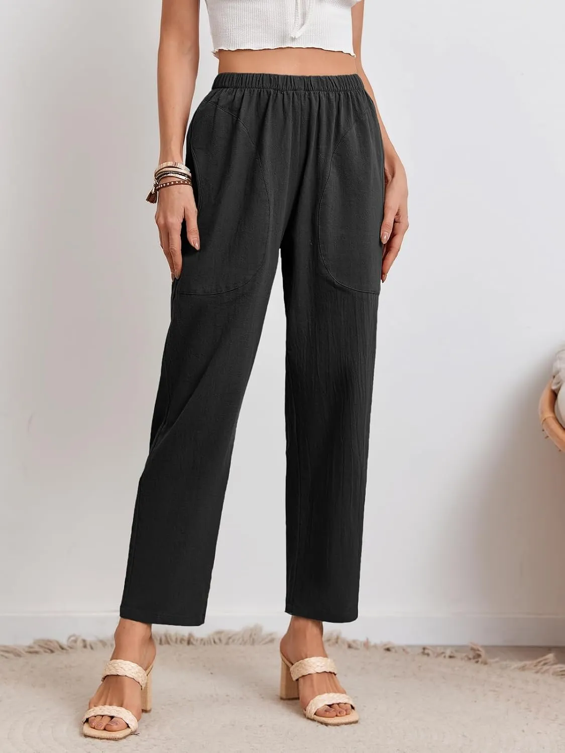 Langwyqu Womens Casual Cotton Tapered Capri Cargo Pants Loose Elastic Waist Ankle Cropped Trouser with Pockets