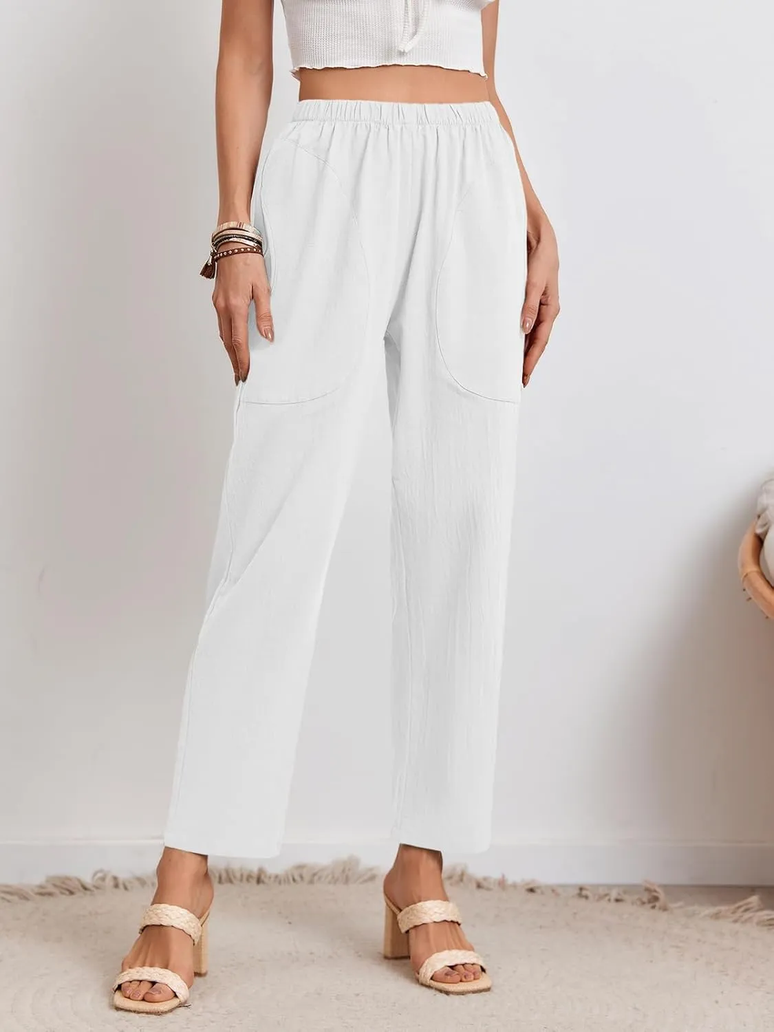 Langwyqu Womens Casual Cotton Tapered Capri Cargo Pants Loose Elastic Waist Ankle Cropped Trouser with Pockets