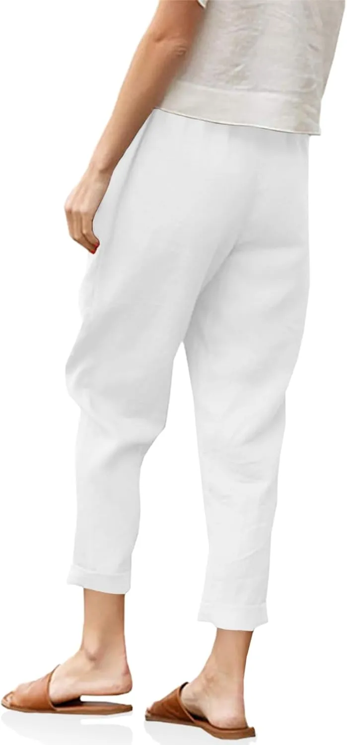 Langwyqu Womens Casual Cotton Tapered Capri Cargo Pants Loose Elastic Waist Ankle Cropped Trouser with Pockets