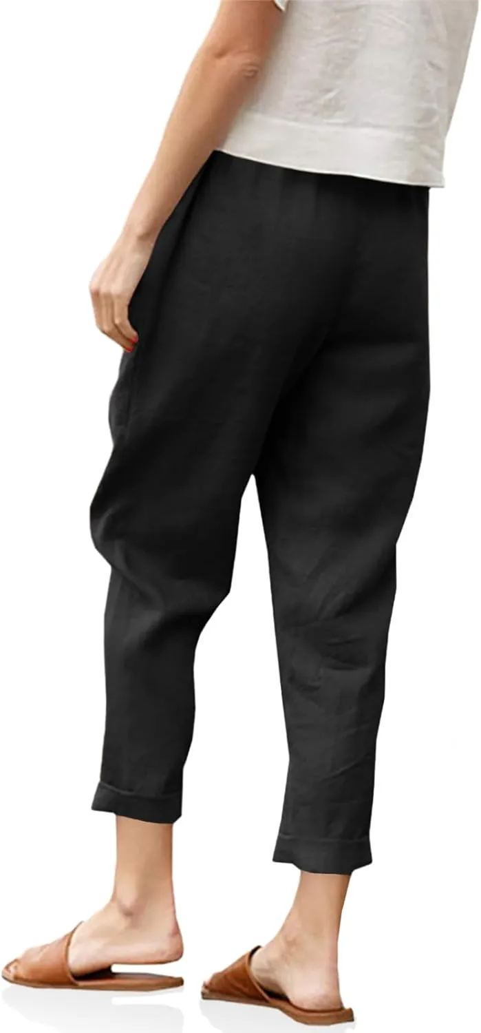 Langwyqu Womens Casual Cotton Tapered Capri Cargo Pants Loose Elastic Waist Ankle Cropped Trouser with Pockets