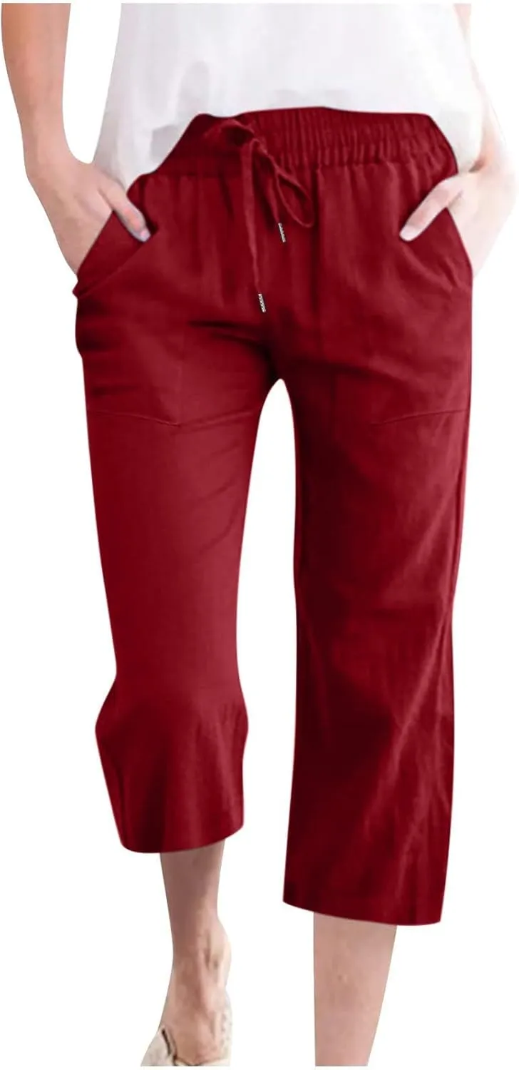Linen Capri Pants for Women Summer Cropped Lounge Pants Baggy Lightweight Elastic Waist Straight Wide Leg Trousers