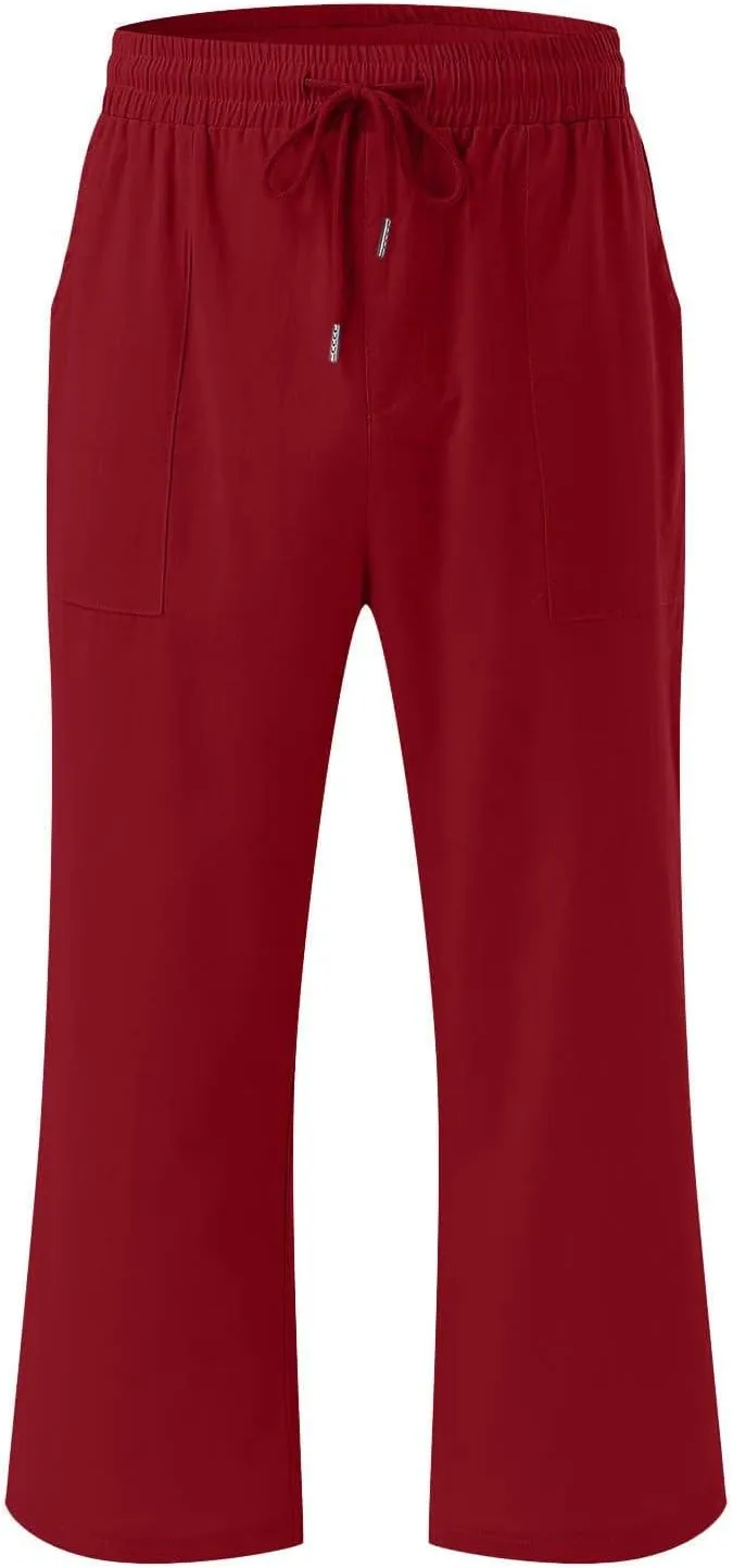 Linen Capri Pants for Women Summer Cropped Lounge Pants Baggy Lightweight Elastic Waist Straight Wide Leg Trousers
