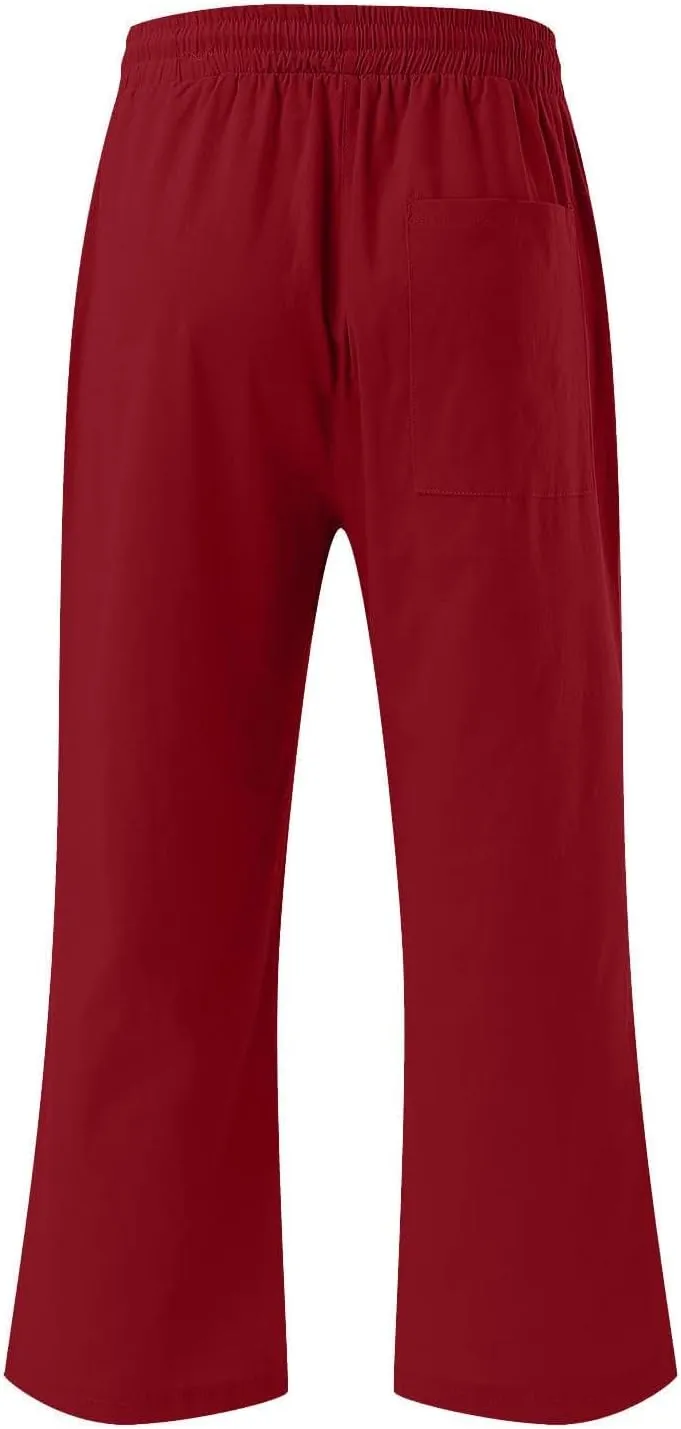 Linen Capri Pants for Women Summer Cropped Lounge Pants Baggy Lightweight Elastic Waist Straight Wide Leg Trousers