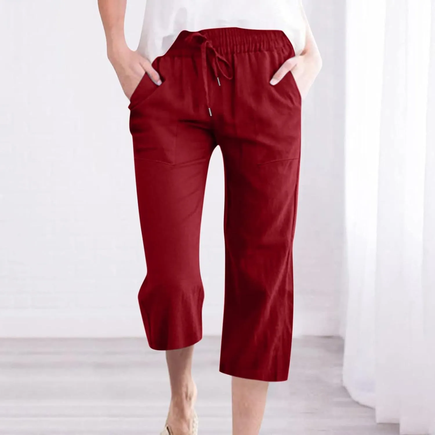 Linen Capri Pants for Women Summer Cropped Lounge Pants Baggy Lightweight Elastic Waist Straight Wide Leg Trousers