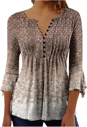 LRMQS 3/4 Length Sleeve Womens Tops 2025 Casual Summer Boho Spring Tunic Shirts Trendy Floral Bohemian Blouses Ladies Clothes