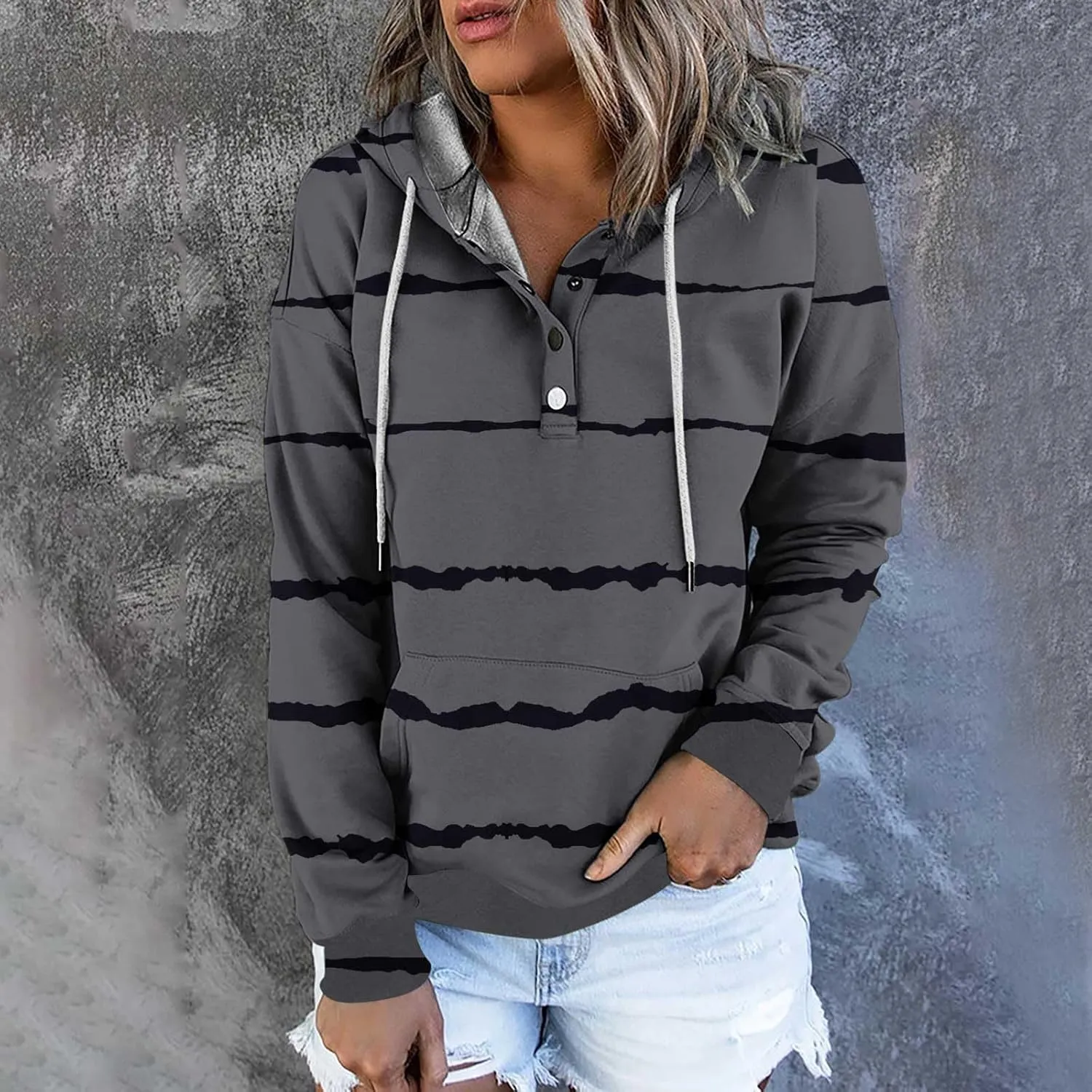 LRMQS Womens Hoodies Pullover Trendy Button Drawstring Hooded Striped Sweatshirt Loose Fit Fall Fashion 2024 Casual Pullover