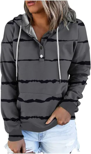 LRMQS Womens Hoodies Pullover Trendy Button Drawstring Hooded Striped Sweatshirt Loose Fit Fall Fashion 2024 Casual Pullover