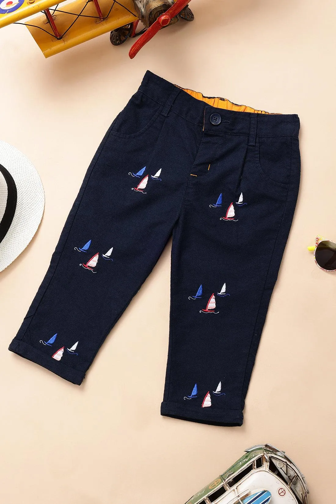 One Friday Baby Boys Navy Blue Cotton Embroidered Trouser