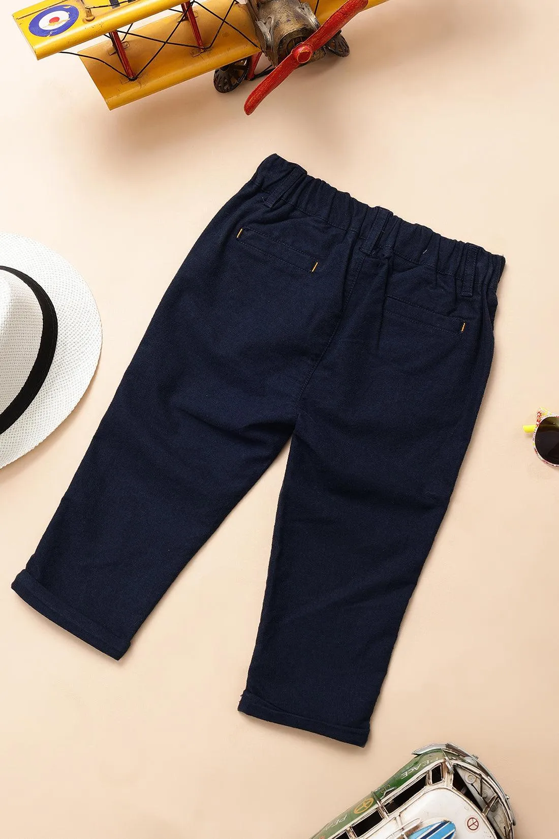 One Friday Baby Boys Navy Blue Cotton Embroidered Trouser