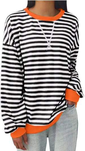 Oversized Sweatshirts for Women Casual Long Sleeve Stripes Sweatshirts Shirts Trendy Crewneck Tops Fall Fashion Clothes