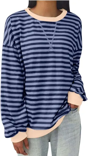 Oversized Sweatshirts for Women Casual Long Sleeve Stripes Sweatshirts Shirts Trendy Crewneck Tops Fall Fashion Clothes