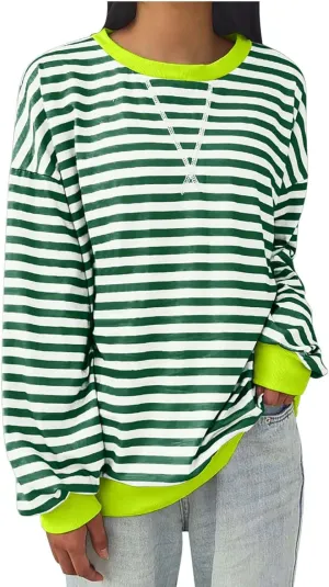 Oversized Sweatshirts for Women Casual Long Sleeve Stripes Sweatshirts Shirts Trendy Crewneck Tops Fall Fashion Clothes