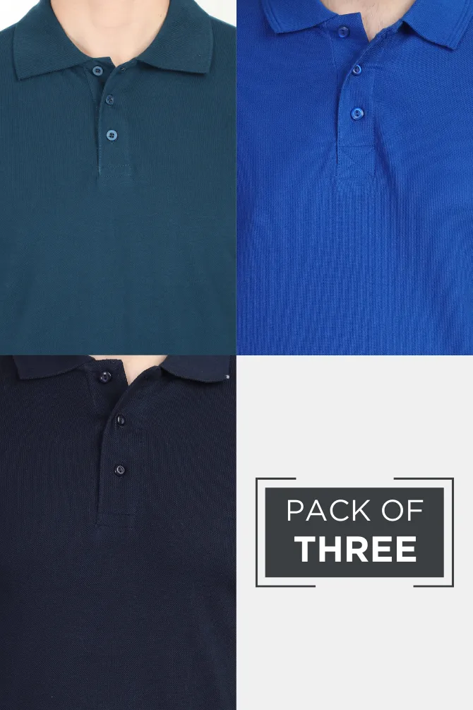 Pack Of 3 Polo T-Shirts Petrol Blue Royal Blue and Navy Blue for Men