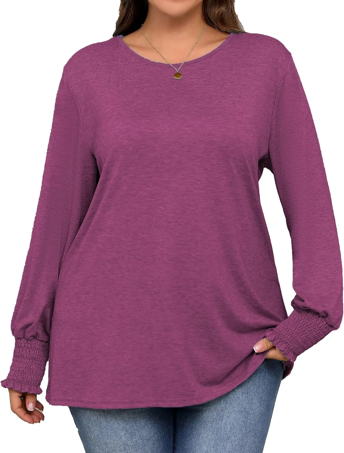 Plus Size Long Sleeve Shirts Womens Trendy Ribbed Sleeve Tshirts Loose Fit Casual Tops