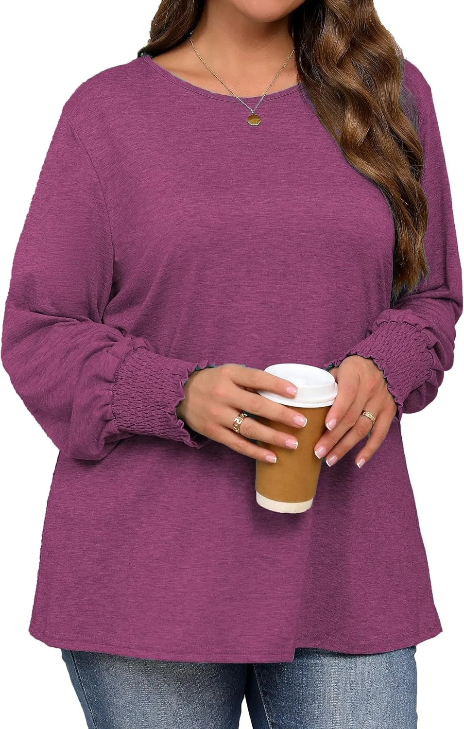 Plus Size Long Sleeve Shirts Womens Trendy Ribbed Sleeve Tshirts Loose Fit Casual Tops