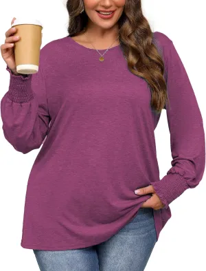 Plus Size Long Sleeve Shirts Womens Trendy Ribbed Sleeve Tshirts Loose Fit Casual Tops