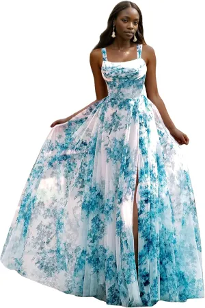 Printed Split Prom Dresses for Women Long Stylish Evening Dress with Ruffle A Line Boho Party Gown with Square Neckline