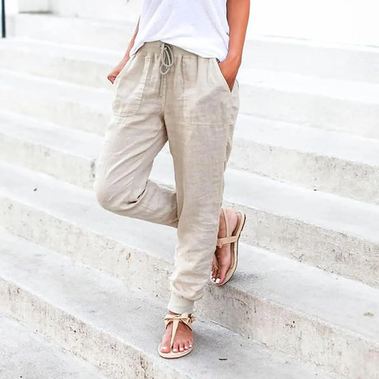 PTOLOCIF Beach Pants for Women,Drawstring Elastic Waist Pants Cotton Linen Tapered Pants Casual Travel Pants Trousers
