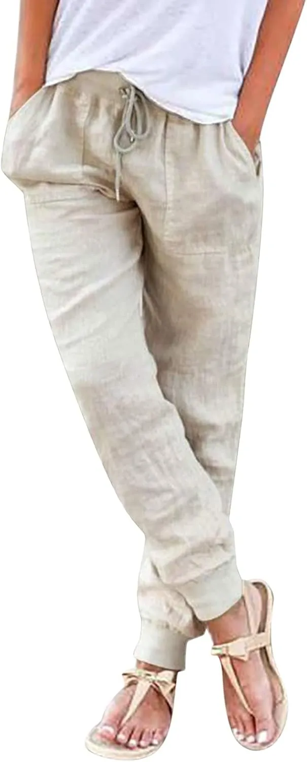 PTOLOCIF Beach Pants for Women,Drawstring Elastic Waist Pants Cotton Linen Tapered Pants Casual Travel Pants Trousers