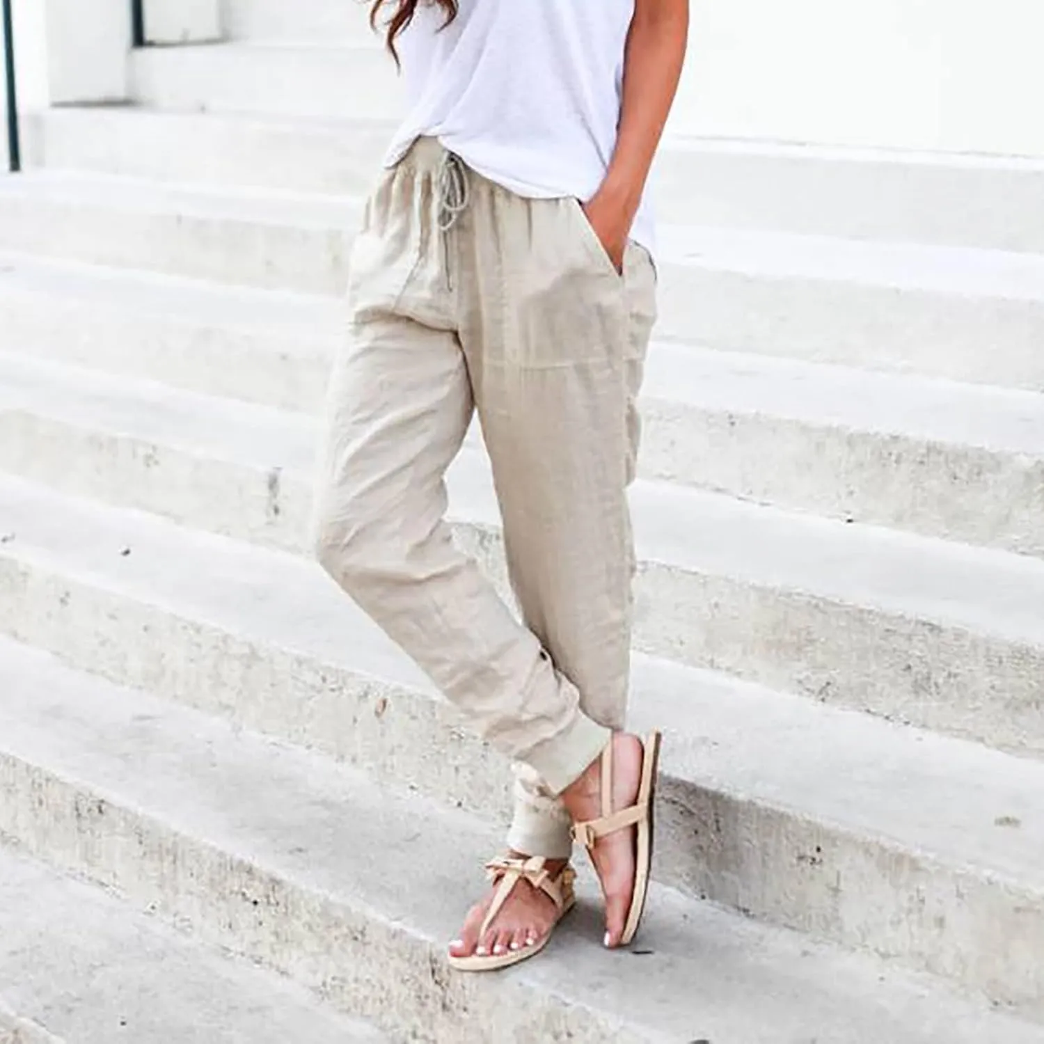 PTOLOCIF Beach Pants for Women,Drawstring Elastic Waist Pants Cotton Linen Tapered Pants Casual Travel Pants Trousers