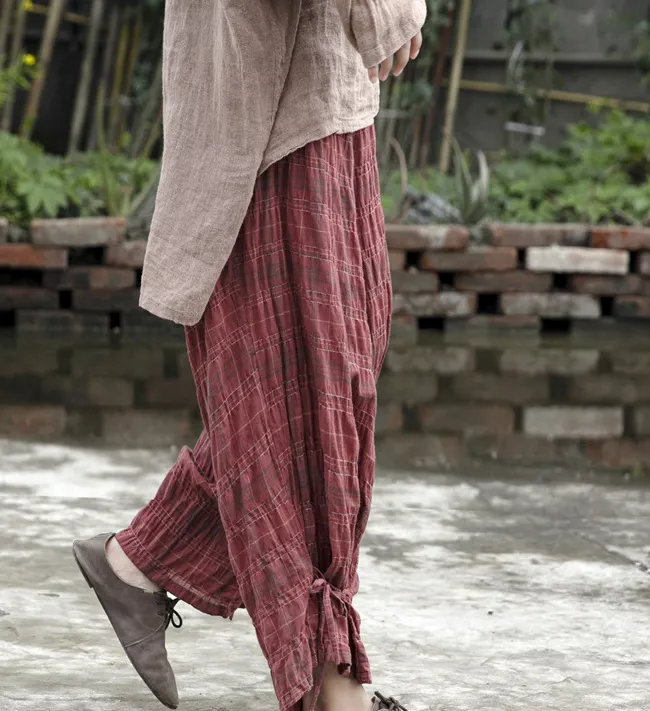 Red Checked Spring Linen Wide Leg Women Casual Pants Elastic Waist WG05131