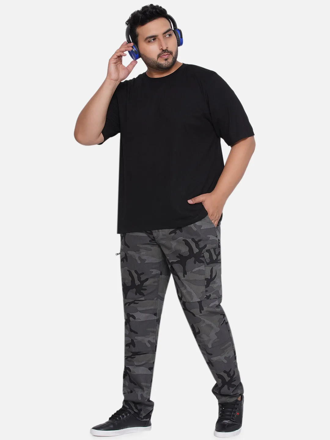 Santonio - Plus Size Men's Charcoal Regular Fit Pure Cotton Camouflage Printed Trousers