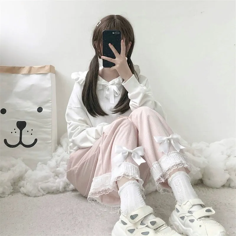 Soft Bow Pink White Black Trouser Pants