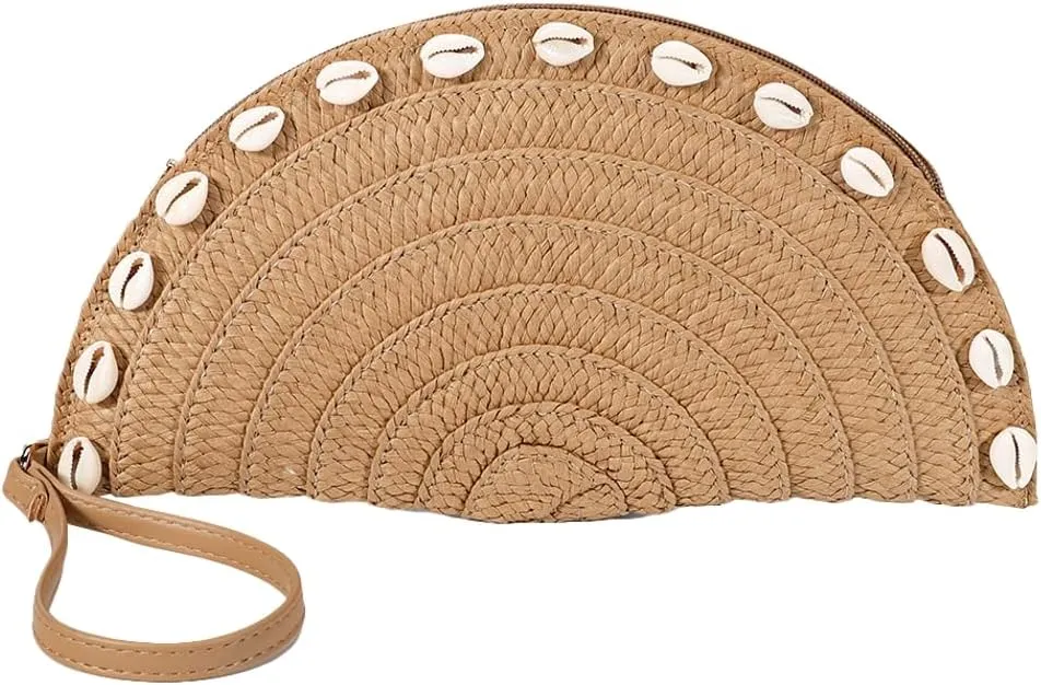 Straw Envelope Bag for Women Stylish Shell Clutch Bag Wallet Party Prom 2025 Woven Wrist Evening Handbag