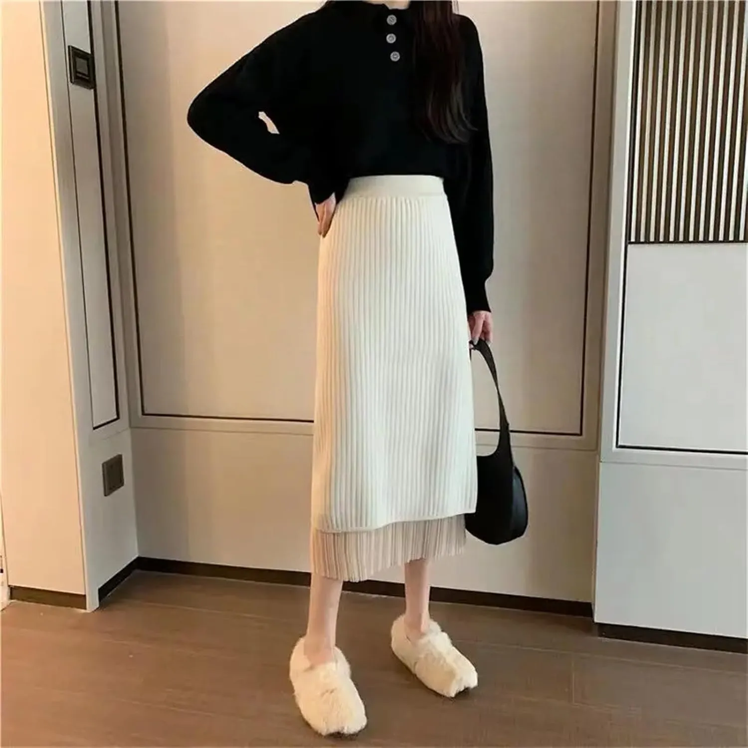 Stylish Solid Color Bag Hip Skirts Patchwork A-Line Female High Waist Winter Knitted Pleated Split Midi Skirts