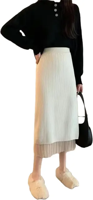 Stylish Solid Color Bag Hip Skirts Patchwork A-Line Female High Waist Winter Knitted Pleated Split Midi Skirts