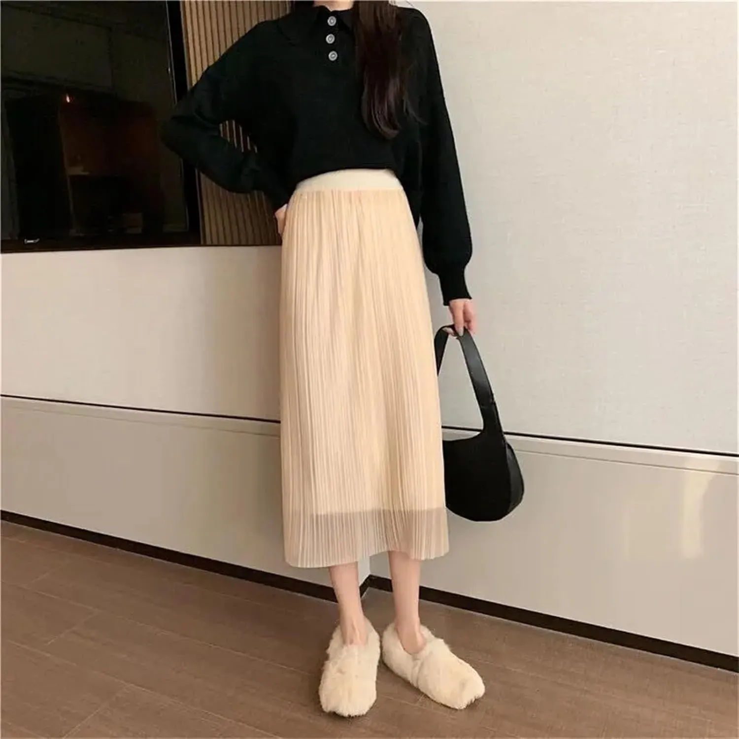 Stylish Solid Color Bag Hip Skirts Patchwork A-Line Female High Waist Winter Knitted Pleated Split Midi Skirts