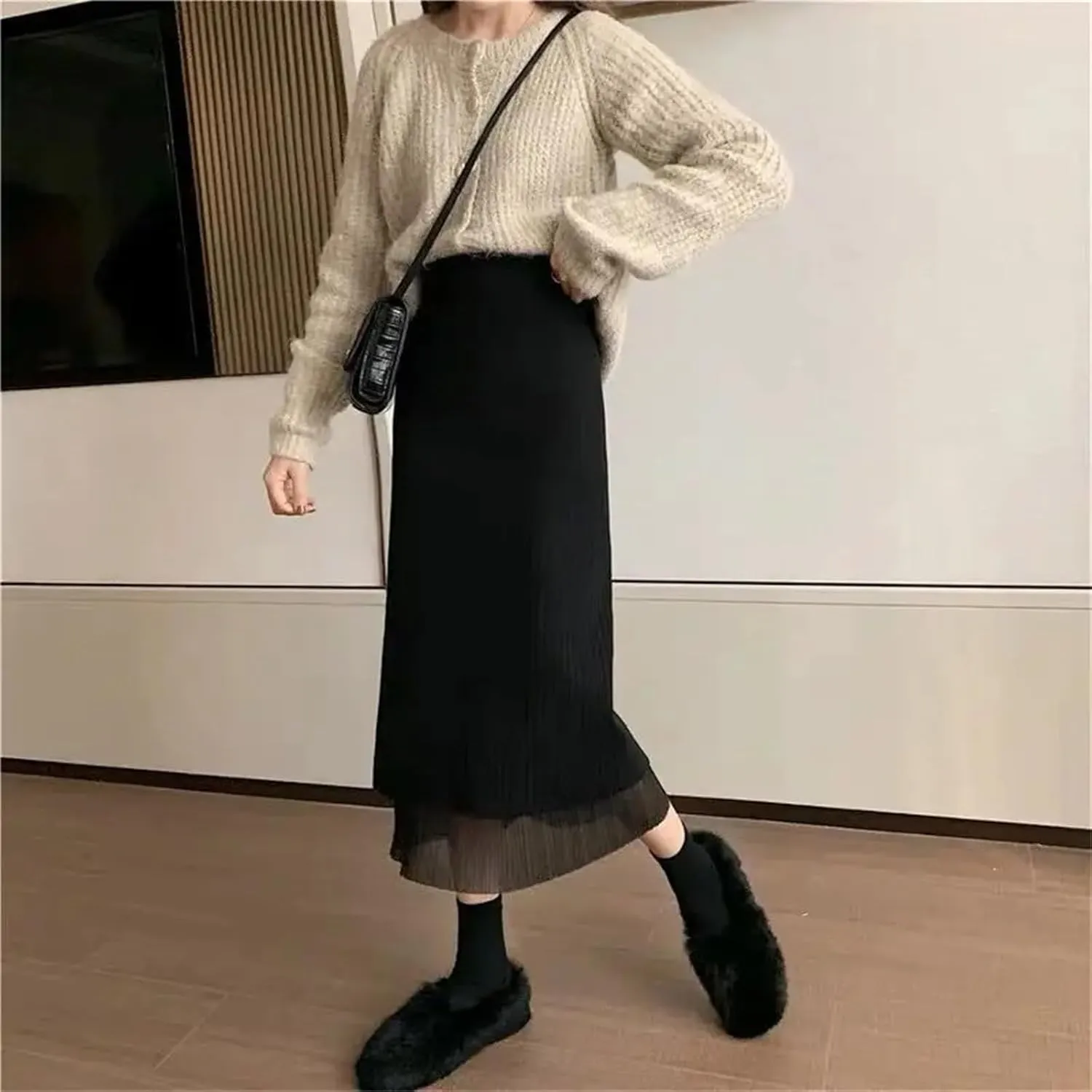 Stylish Solid Color Bag Hip Skirts Patchwork A-Line Female High Waist Winter Knitted Pleated Split Midi Skirts