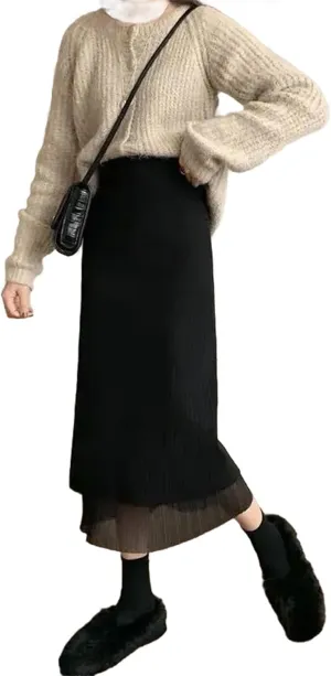 Stylish Solid Color Bag Hip Skirts Patchwork A-Line Female High Waist Winter Knitted Pleated Split Midi Skirts