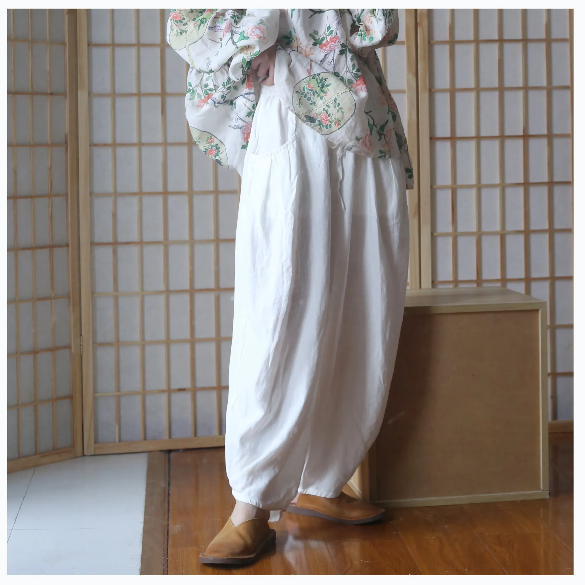 Summer Linen Wide Leg Pants Autumn Women Casual Pants with Pockets PZ97248