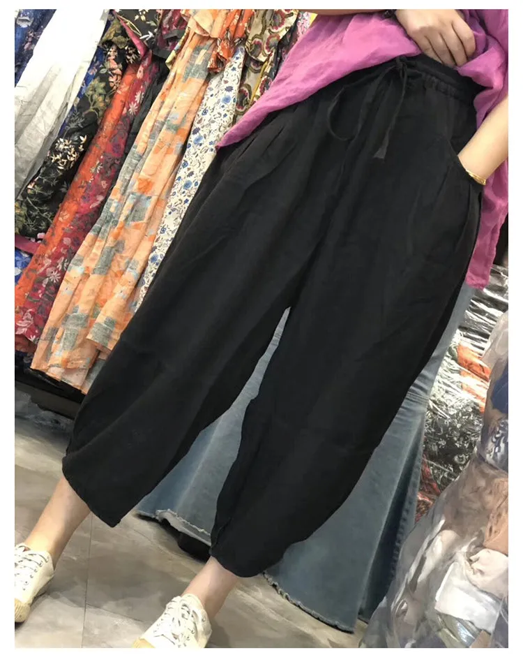 Summer Linen Wide Leg Pants Autumn Women Casual Pants with Pockets PZ97248