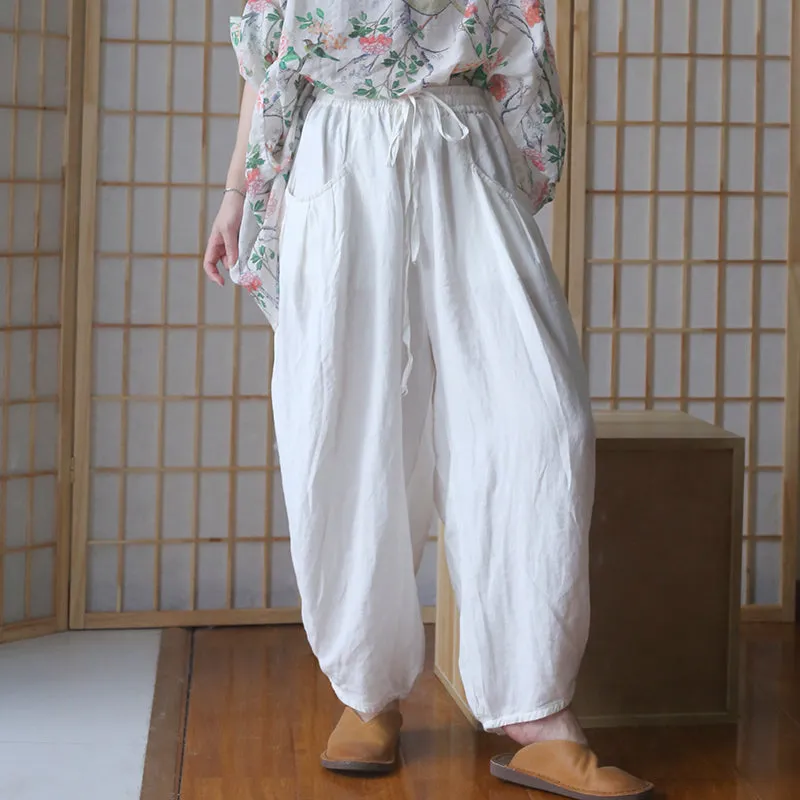 Summer Linen Wide Leg Pants Autumn Women Casual Pants with Pockets PZ97248