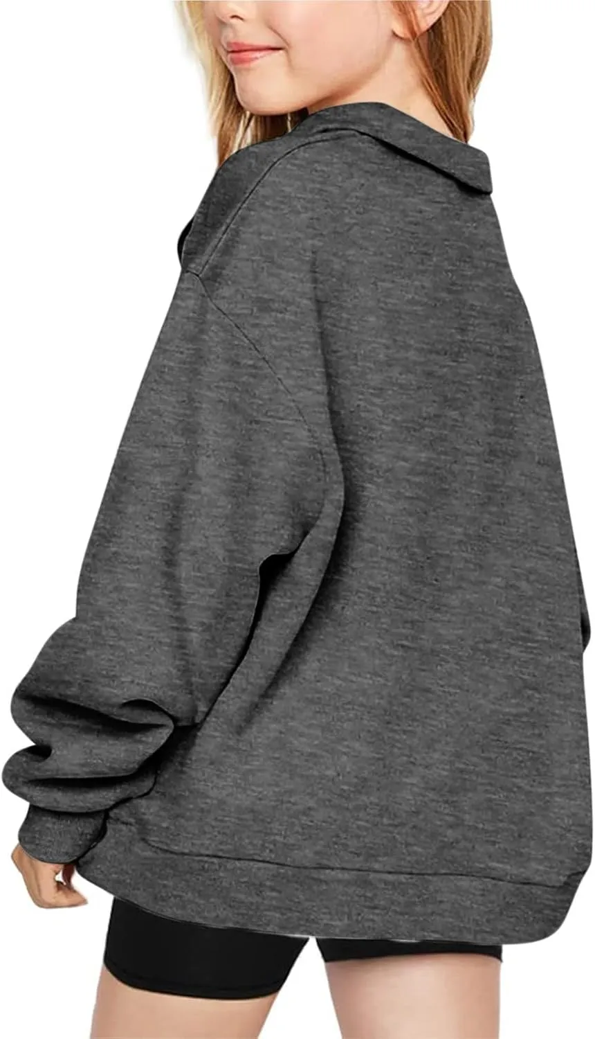 Sweatshirts for Girls Quarter Zip Pullover Long Sleeve Fleece Lined Tops Oversized Crewneck Sweatshirt Preppy Clothes